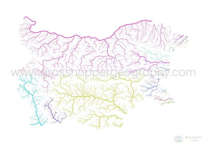 Bulgarie - Carte du bassin fluvial, arc-en-ciel sur blanc - Fine Art Print