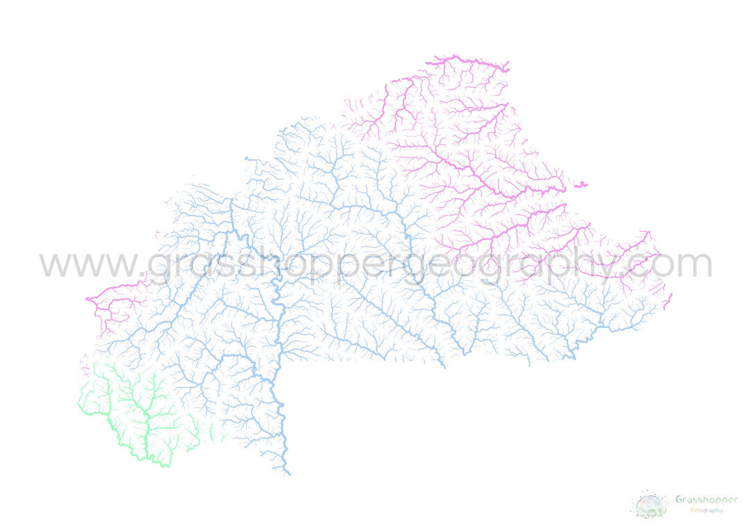 Burkina Faso - Carte des bassins fluviaux, pastel sur blanc - Fine Art Print