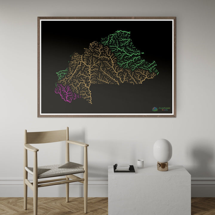 Burkina Faso - River basin map, rainbow on black - Fine Art Print