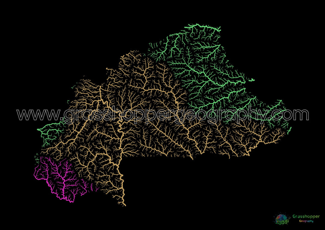 बुर्किना फासो - नदी बेसिन का नक्शा, काले रंग पर इंद्रधनुष - फाइन आर्ट प्रिंट