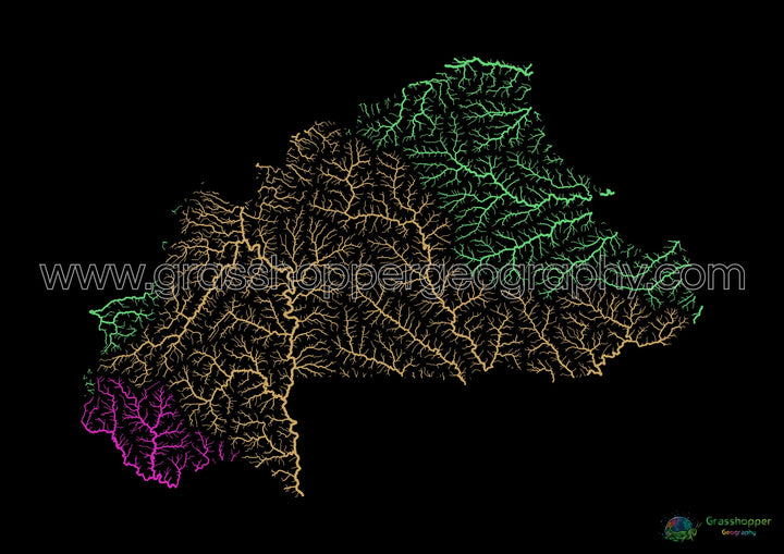 बुर्किना फासो - नदी बेसिन का नक्शा, काले रंग पर इंद्रधनुष - फाइन आर्ट प्रिंट