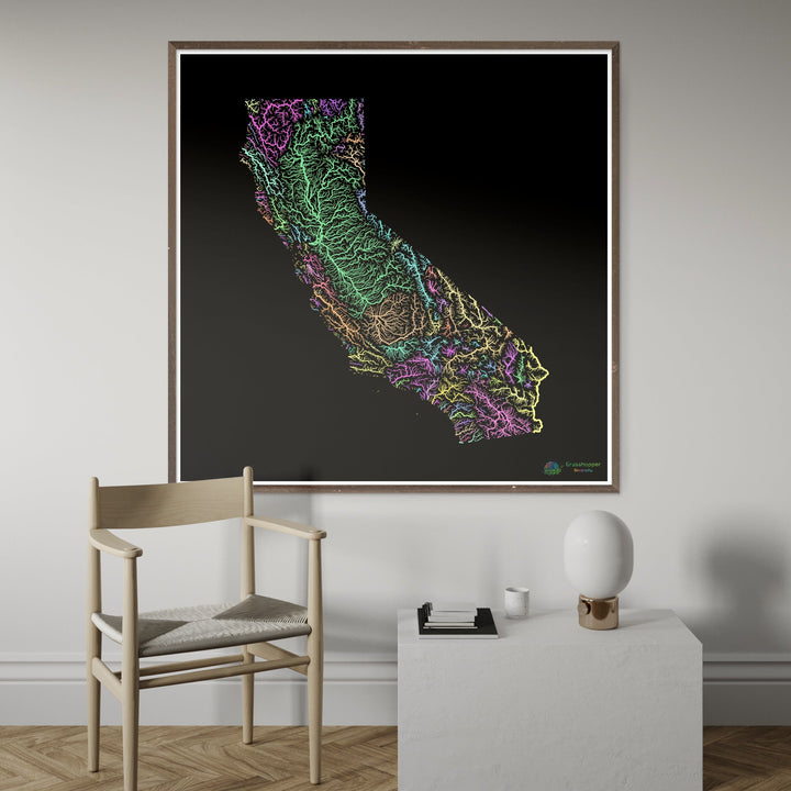 Californie - Carte des bassins fluviaux, pastel sur noir - Fine Art Print