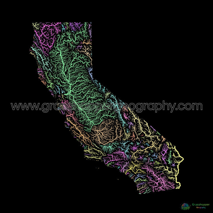 California - Mapa de la cuenca fluvial, pastel sobre negro - Impresión de Bellas Artes