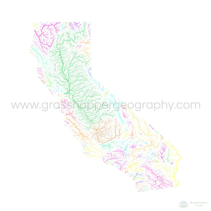 California - Mapa de la cuenca fluvial, pastel sobre blanco - Impresión de Bellas Artes