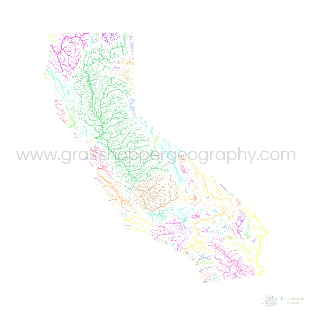 California - River basin map, pastel on white - Fine Art Print