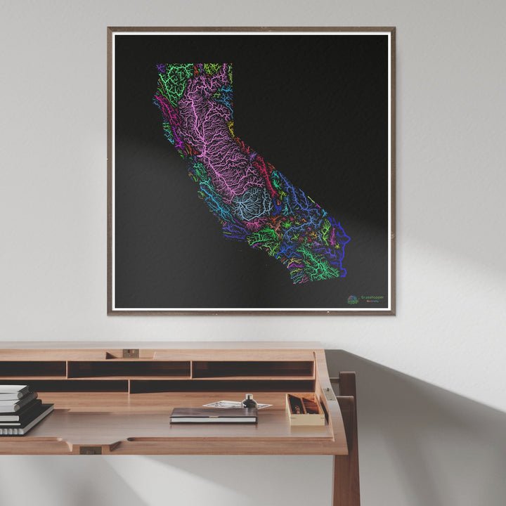 Californie - Carte des bassins fluviaux, arc-en-ciel sur noir - Fine Art Print