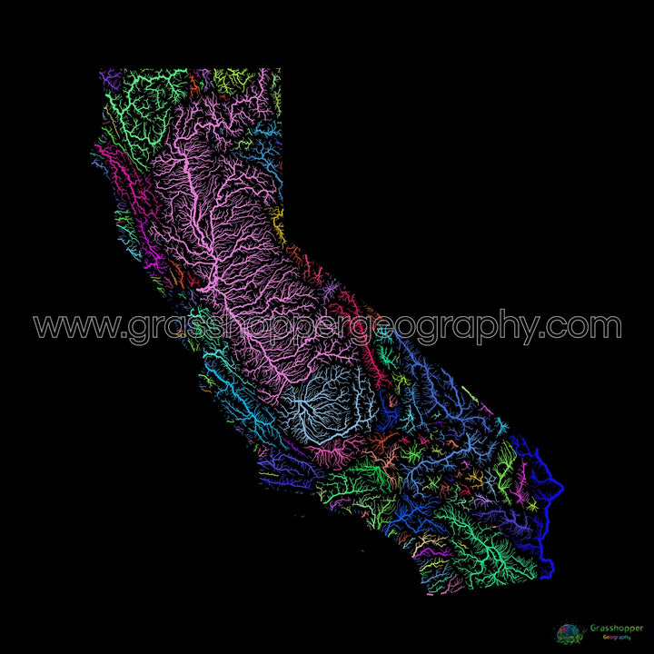 Californie - Carte des bassins fluviaux, arc-en-ciel sur noir - Fine Art Print