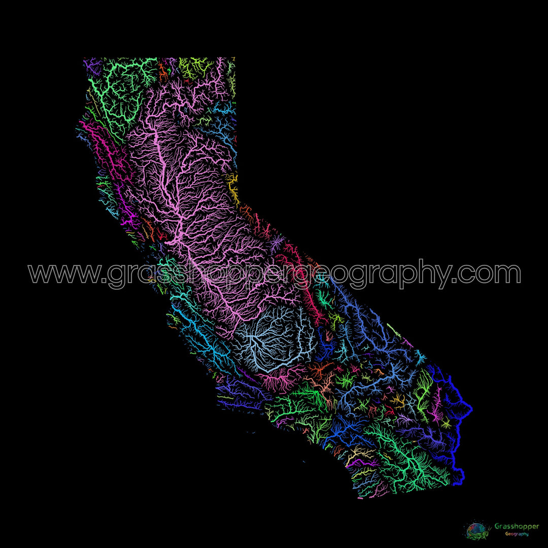 California - Mapa de la cuenca fluvial, arco iris sobre negro - Impresión de bellas artes