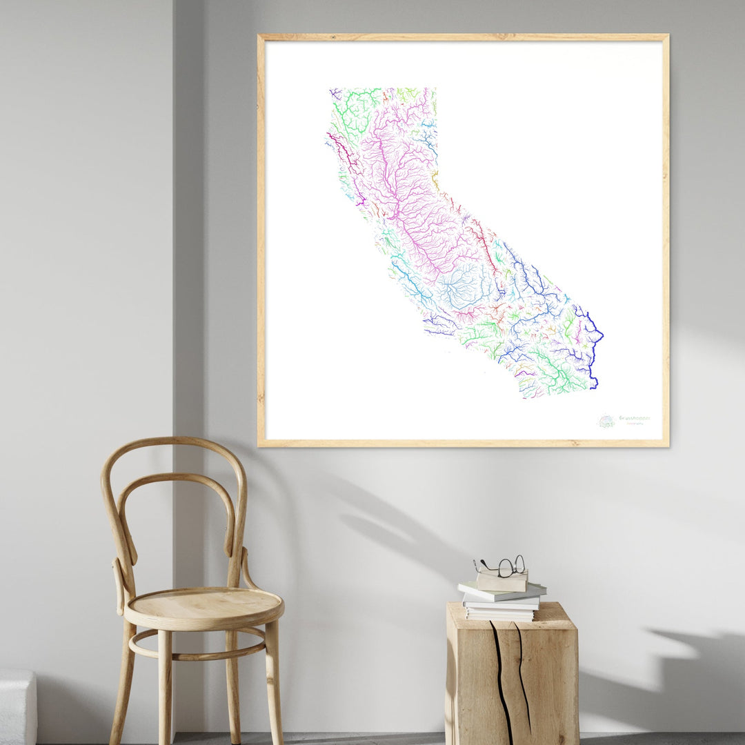 Californie - Carte des bassins fluviaux, arc-en-ciel sur blanc - Fine Art Print