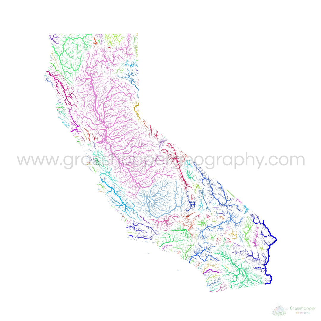 River basin map of California, rainbow colours on white Fine Art Print