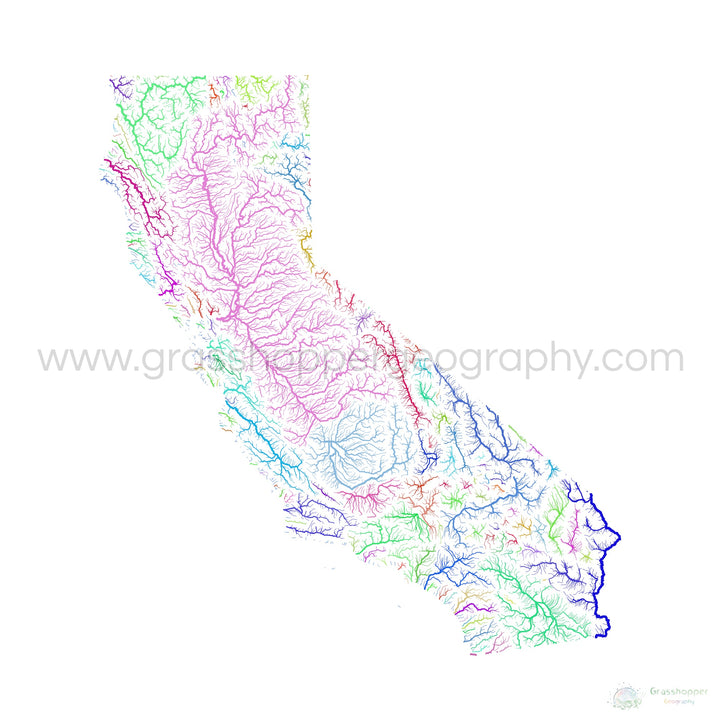 Californie - Carte des bassins fluviaux, arc-en-ciel sur blanc - Fine Art Print