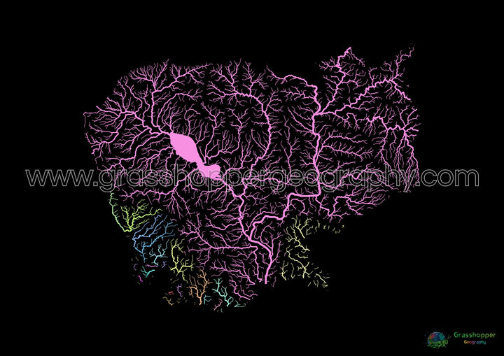 Cambodia - River basin map, pastel on black - Fine Art Print