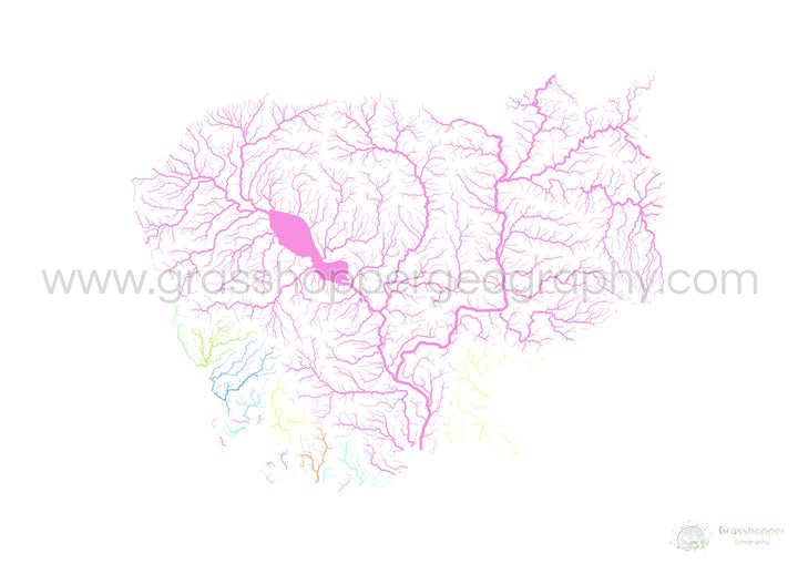 River basin map of Cambodia, pastel colours on white - Fine Art Print