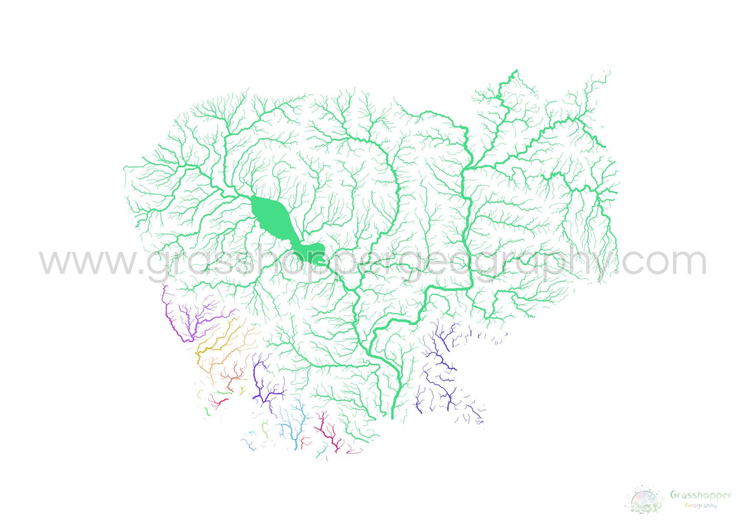 Camboya - Mapa de la cuenca fluvial, arco iris sobre blanco - Impresión de Bellas Artes