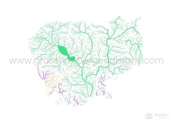 Camboya - Mapa de la cuenca fluvial, arco iris sobre blanco - Impresión de Bellas Artes