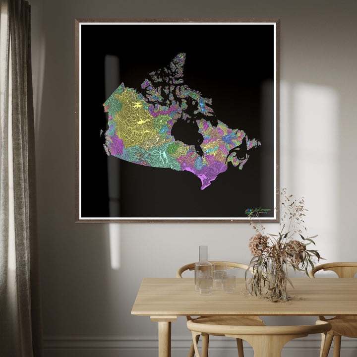 Canada - River basin map, pastel on black - Fine Art Print