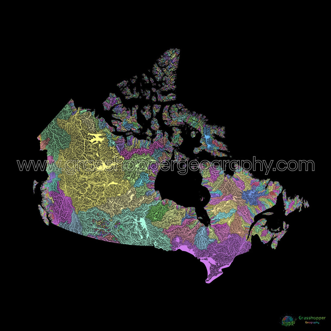 Canadá - Mapa de la cuenca fluvial, pastel sobre negro - Impresión de Bellas Artes