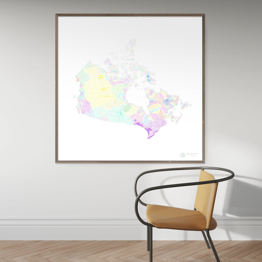 Canada - Carte des bassins fluviaux, pastel sur blanc - Tirage d'art