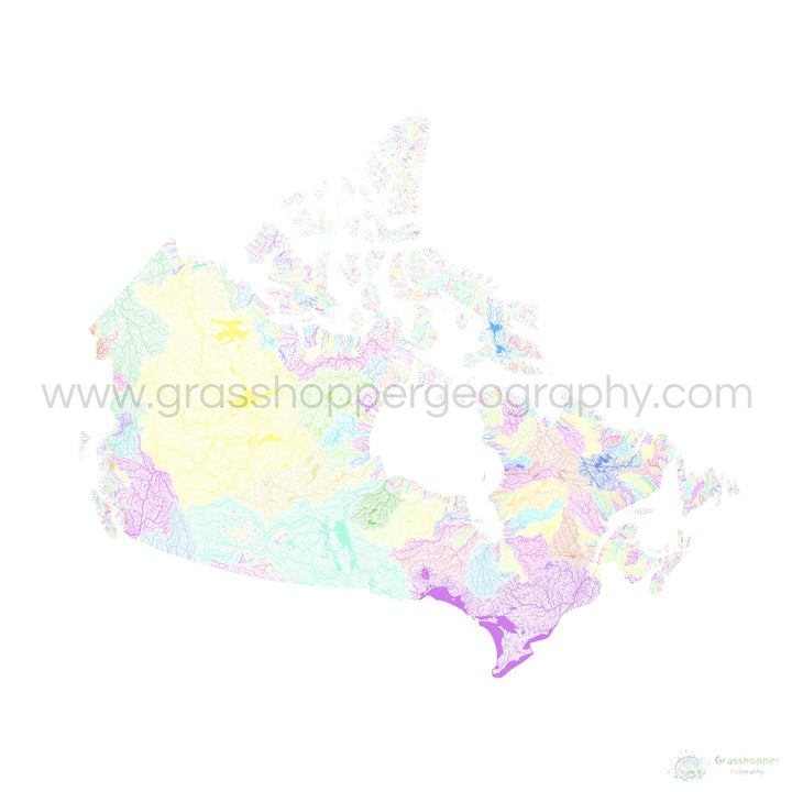 Canadá - Mapa de la cuenca fluvial, pastel sobre blanco - Impresión de Bellas Artes