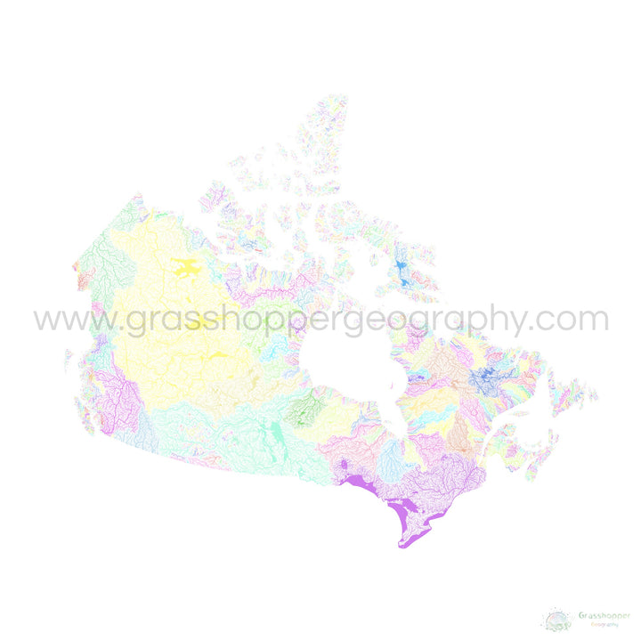 Canada - Carte des bassins fluviaux, pastel sur blanc - Tirage d'art