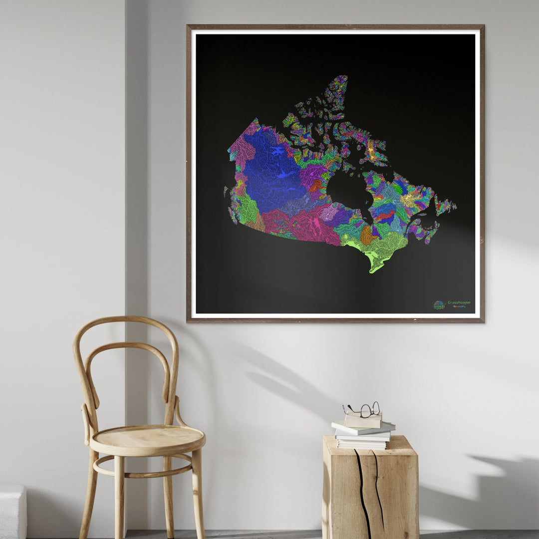 Canada - Carte des bassins fluviaux, arc-en-ciel sur noir - Fine Art Print