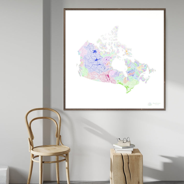 Canadá - Mapa de la cuenca fluvial, arco iris sobre blanco - Impresión de Bellas Artes
