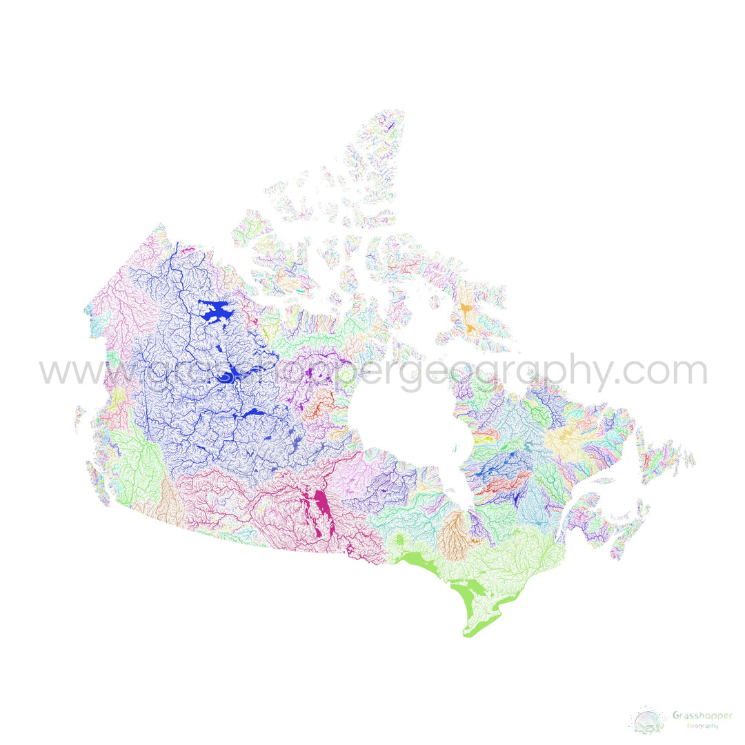 Canadá - Mapa de la cuenca fluvial, arco iris sobre blanco - Impresión de Bellas Artes