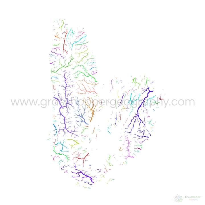 Cabo Bretón - Mapa de la cuenca del río, arco iris sobre blanco - - Impresión de Bellas Artes
