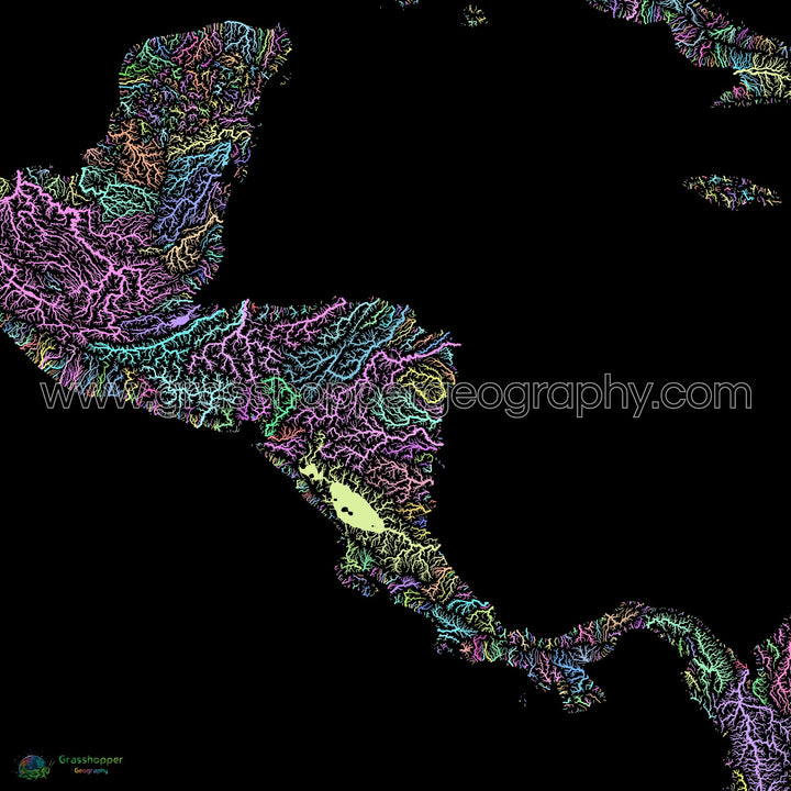 River basin map of Central America, pastel colours on black - Fine Art Print