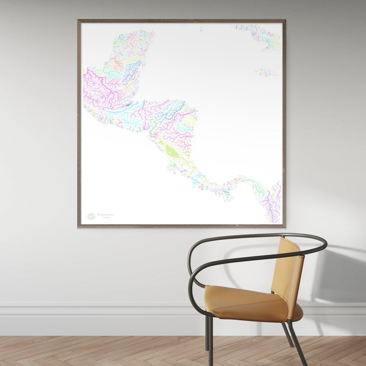 Centroamérica - Mapa de cuencas fluviales, pastel sobre blanco - Impresión de Bellas Artes