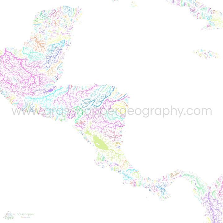 Centroamérica - Mapa de cuencas fluviales, pastel sobre blanco - Impresión de Bellas Artes