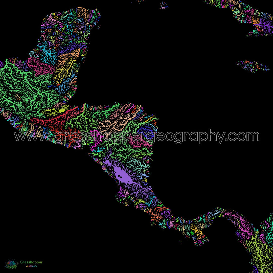 River basin map of Central America, rainbow colours on black - Fine Art Print