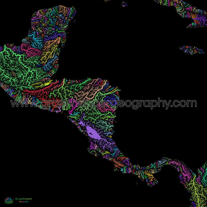 Centroamérica - Mapa de cuencas fluviales, arco iris sobre negro - Impresión de Bellas Artes