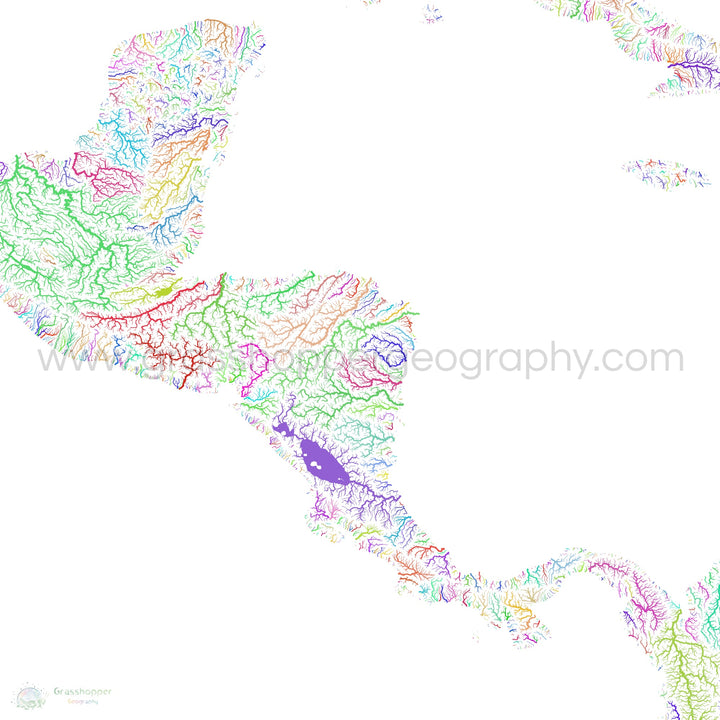Centroamérica - Mapa de cuencas fluviales, arco iris sobre blanco - Impresión de Bellas Artes