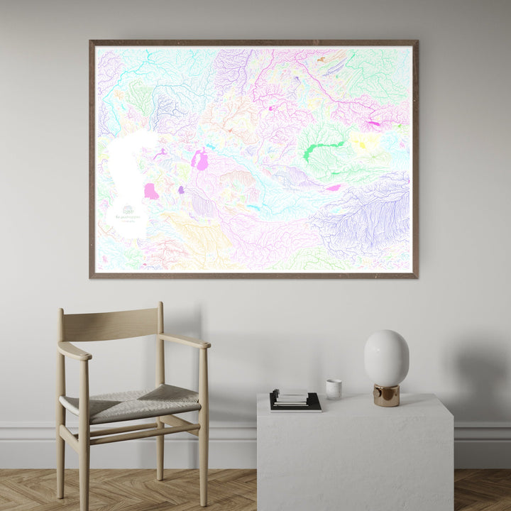 Ásia Central - Mapa da bacia hidrográfica, pastel sobre branco - Impressão de belas artes