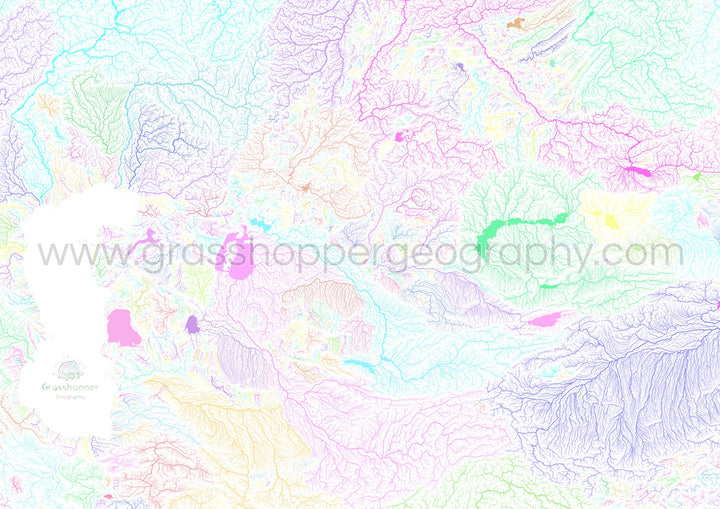 Central Asia - River basin map, pastel on white - Fine Art Print