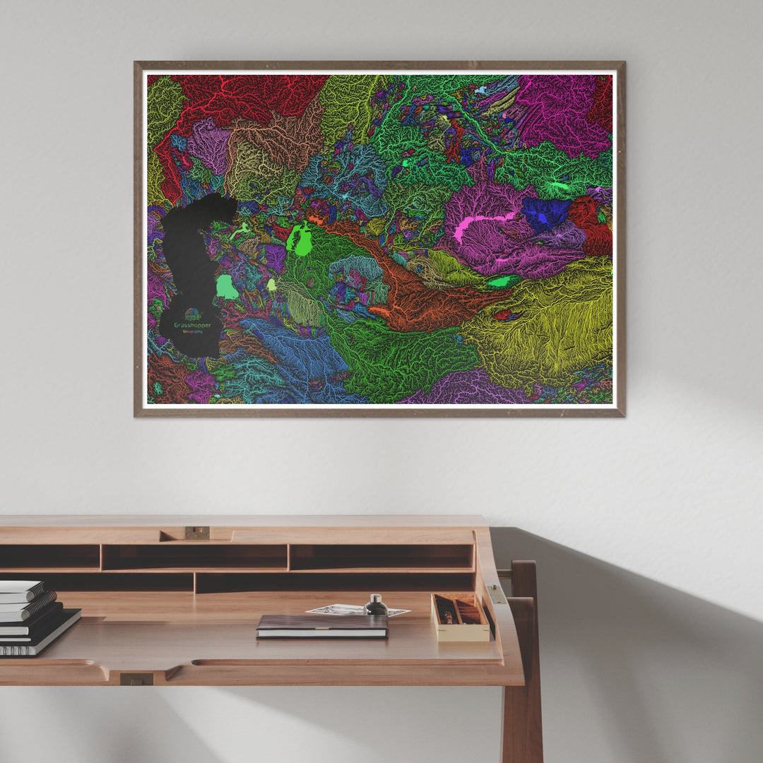River basin map of Central Asia, rainbow colours on black - Fine Art Print