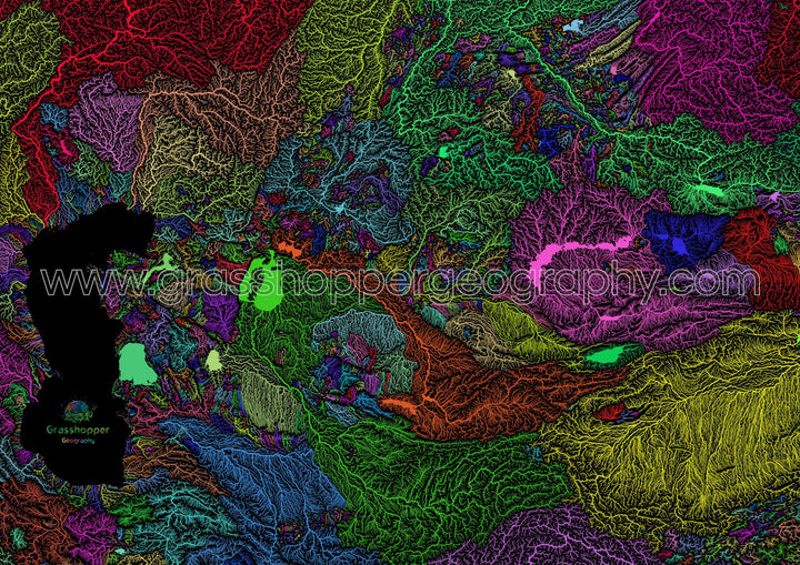 River basin map of Central Asia, rainbow colours on black - Fine Art Print