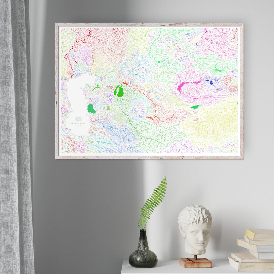 River basin map of Central Asia, rainbow colours on white Fine Art Print