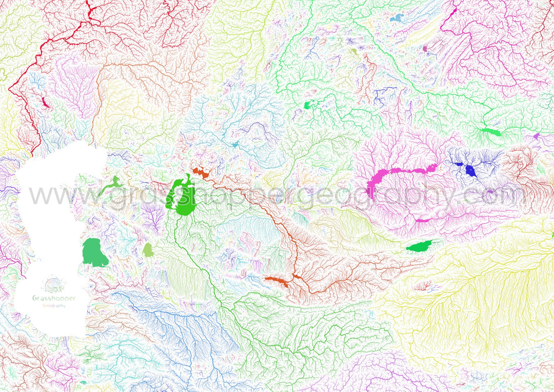 Asia Central - Mapa de cuencas fluviales, arco iris sobre blanco - Impresión de Bellas Artes