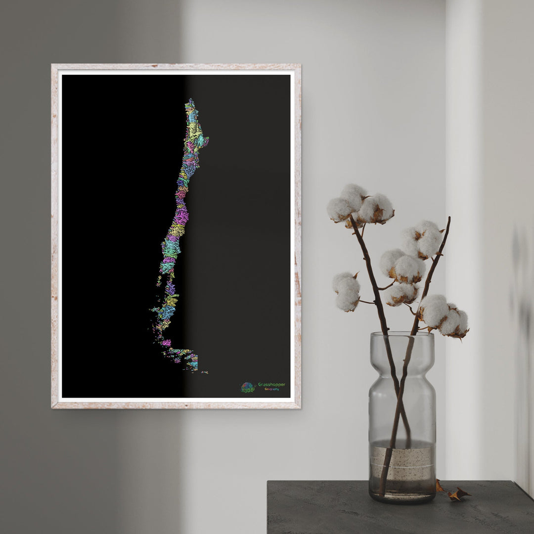 Chili - Carte des bassins fluviaux, pastel sur noir - Fine Art Print