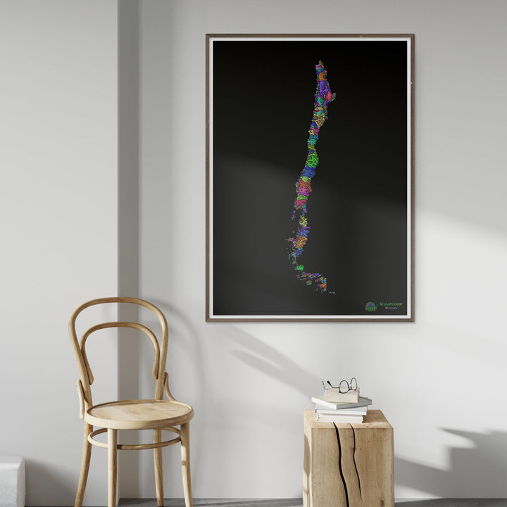 River basin map of Chile, rainbow colours on black - Fine Art Print