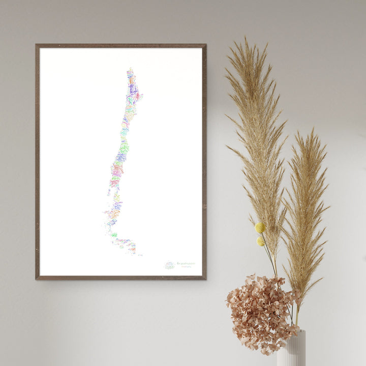 River basin map of Chile, rainbow colours on white Fine Art Print