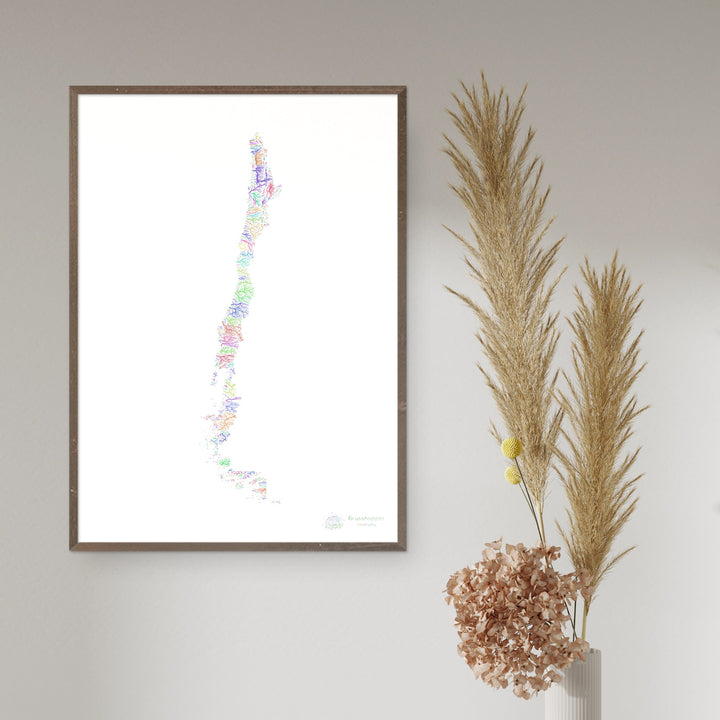 Chile - River basin map, rainbow on white - Fine Art Print