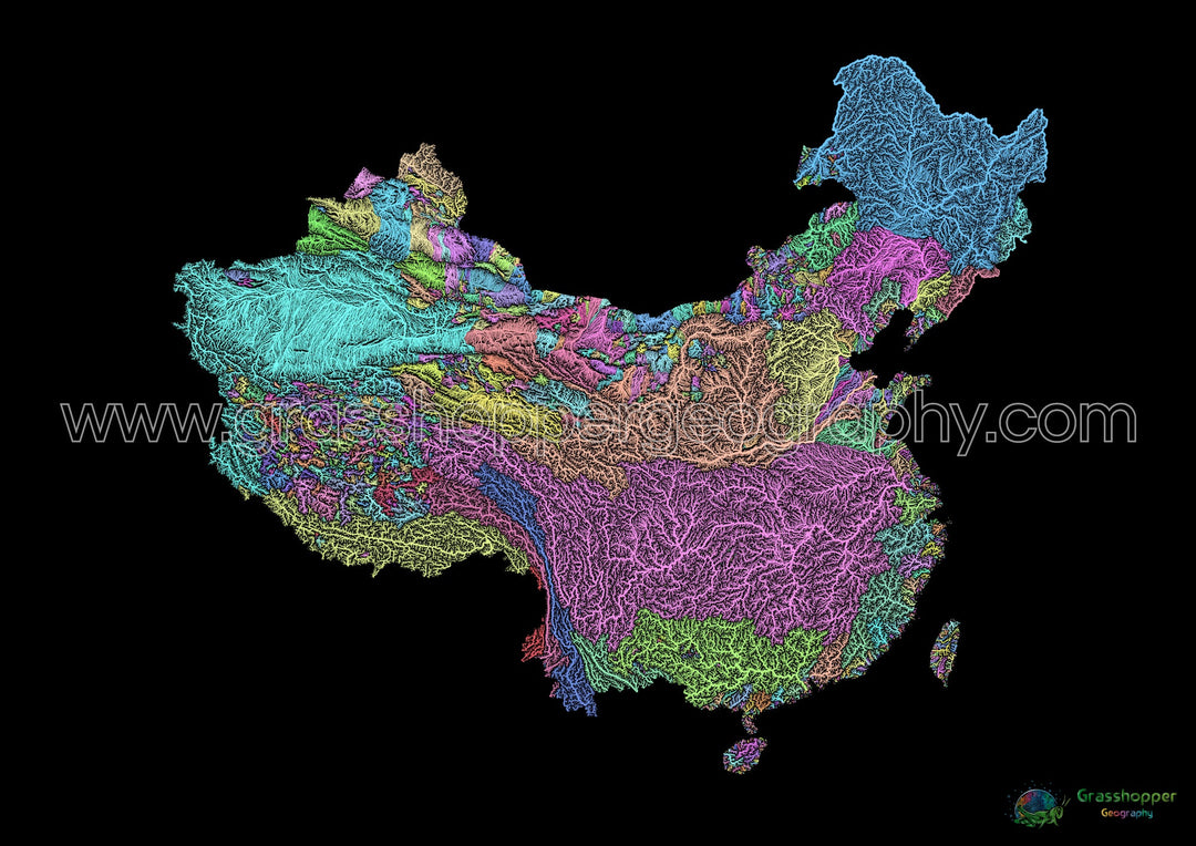 River basin map of China and Taiwan, pastel colours on black - Fine Art Print