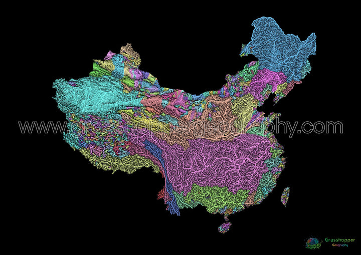 China and Taiwan - River basin map, pastel on black - Fine Art Print