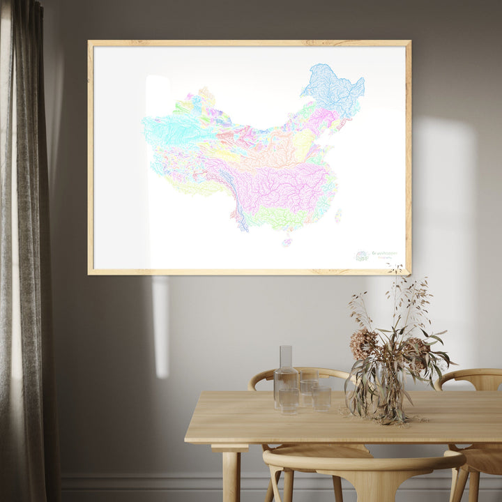 China and Taiwan - River basin map, pastel on white - Fine Art Print