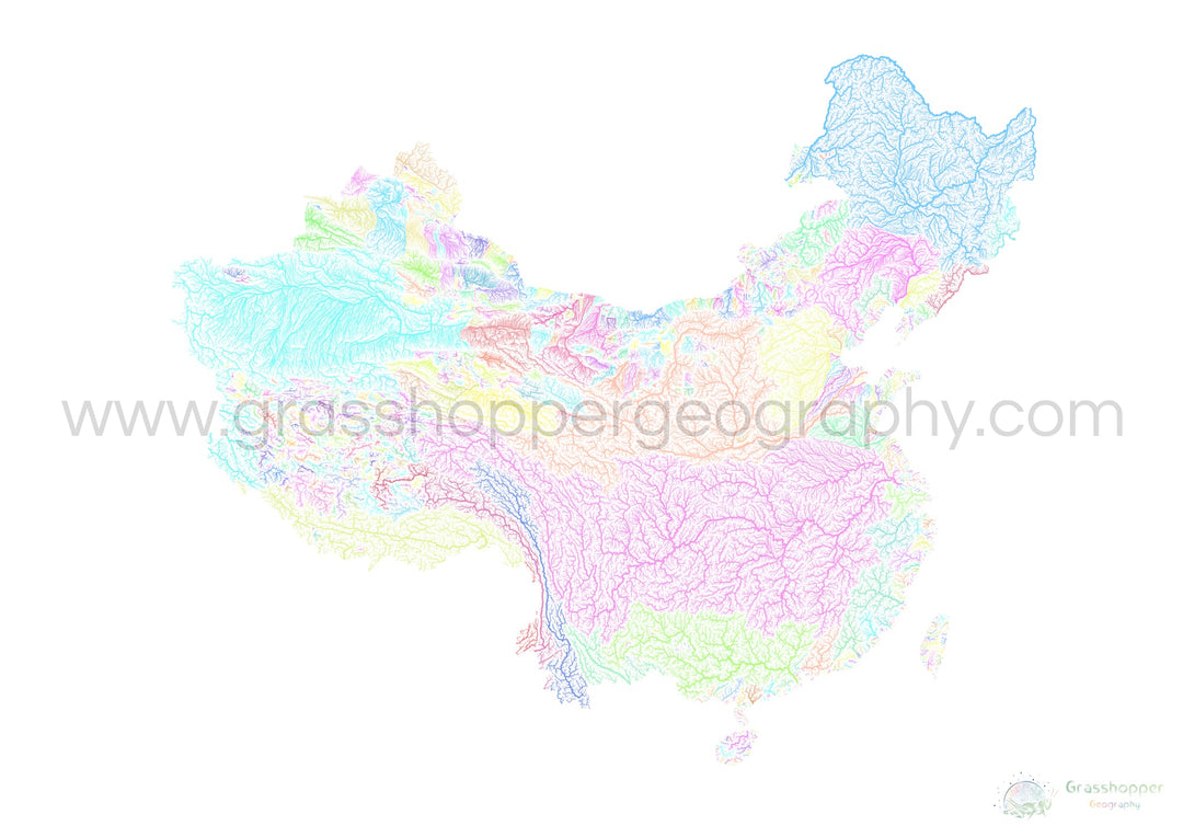 China y Taiwán - Mapa de la cuenca fluvial, pastel sobre blanco - Impresión de Bellas Artes