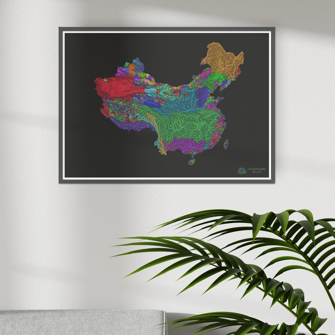 Chine et Taïwan - Carte des bassins fluviaux, arc-en-ciel sur noir - Fine Art Print