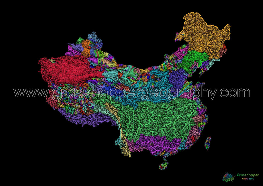 Chine et Taïwan - Carte des bassins fluviaux, arc-en-ciel sur noir - Fine Art Print